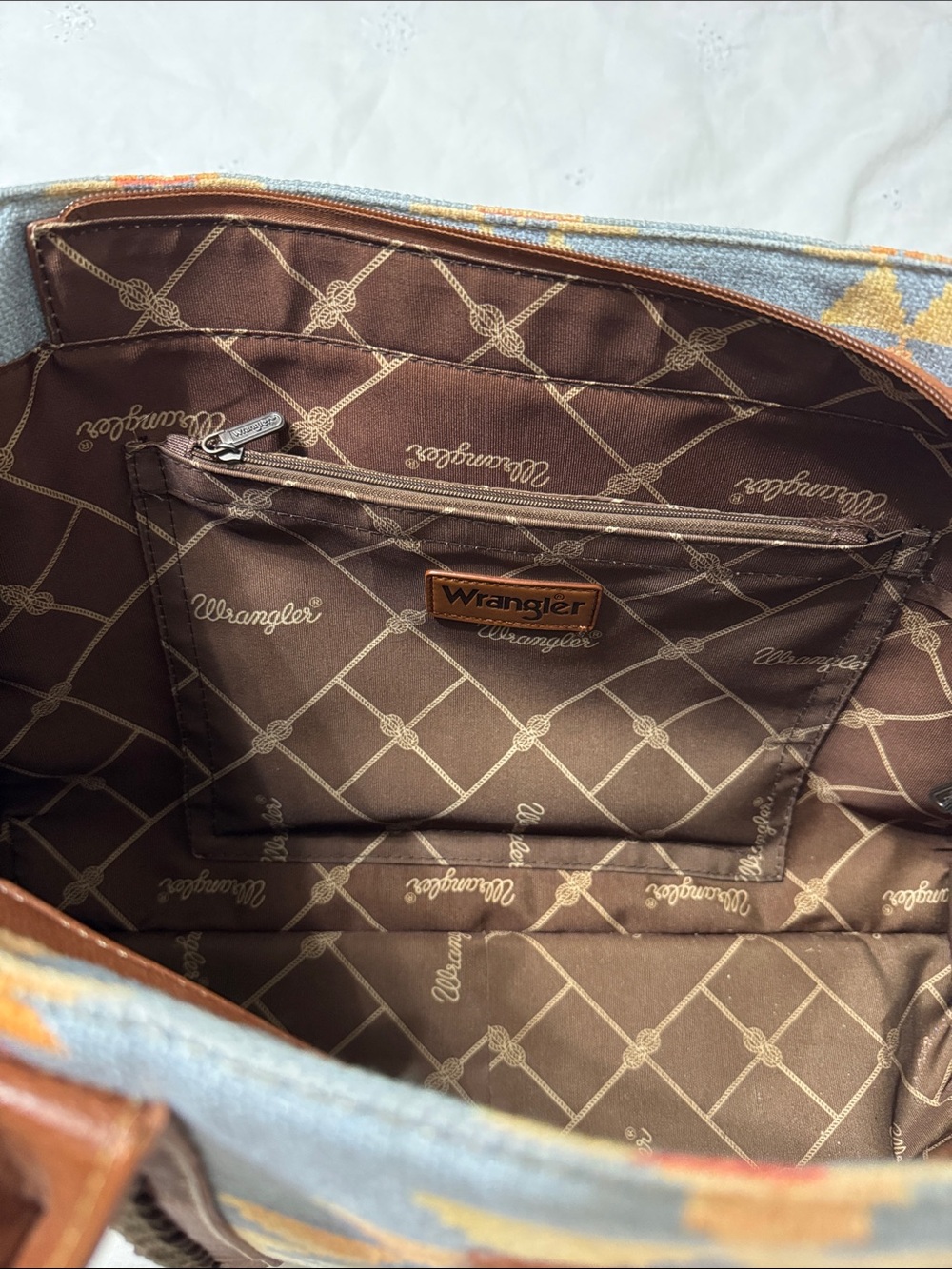 Wrangler Southwestern Pattern Tote in Blue, Brown, Yellow and Red - Picture 4 of 7
